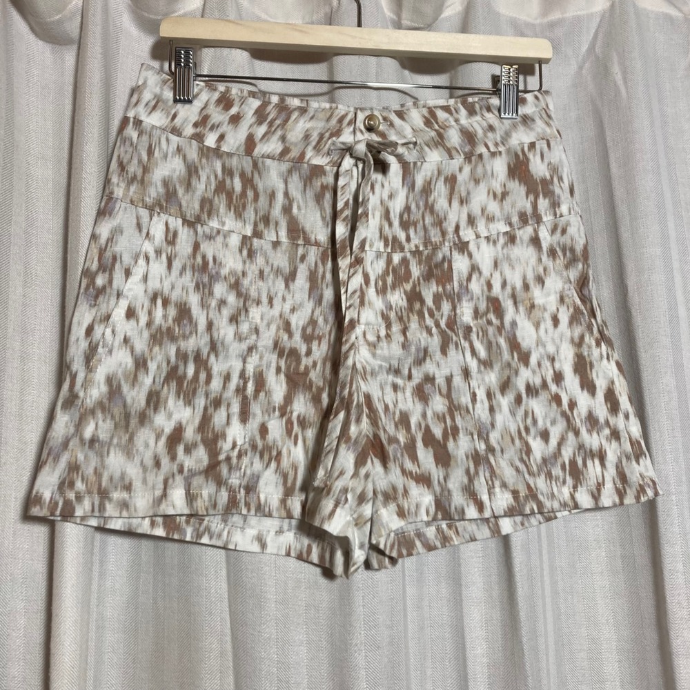 Boho Beach Linen Blend High Rise Shorts Brown Ikat Print S Amuse Society Women